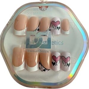 Pink & White Long Press On Nail  Set w/pink heart bling detail 22 pc set